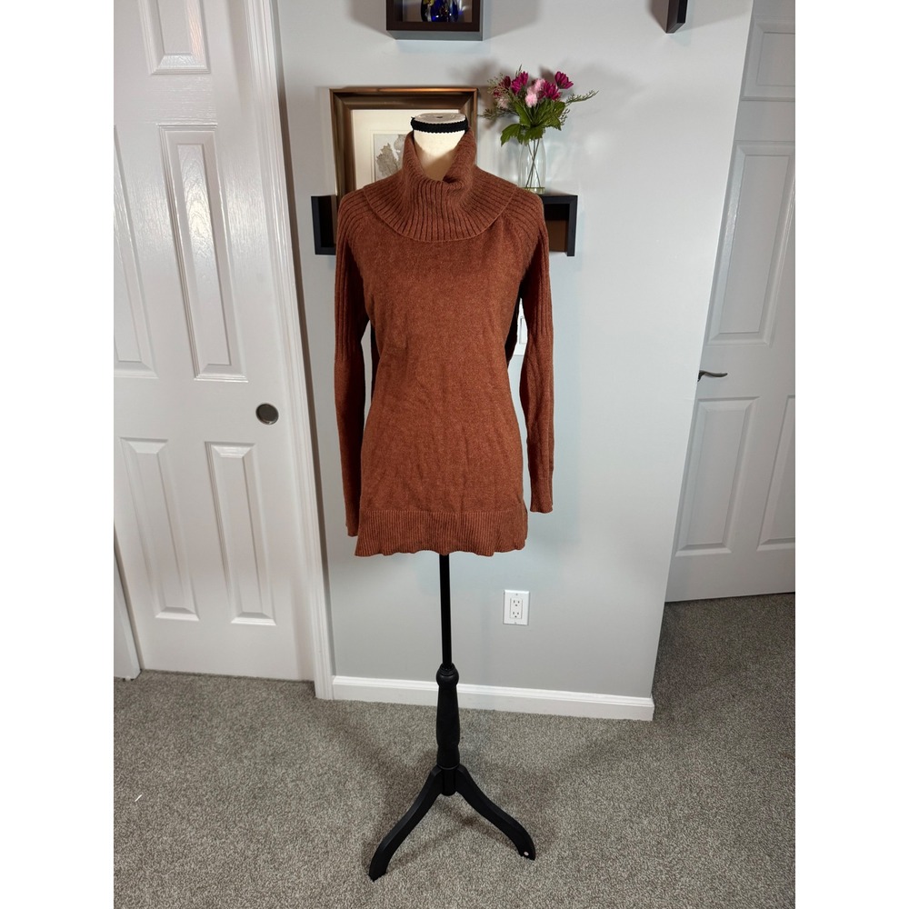 Time and Tru Womens Rust Brown Ribbed Cowl Turtleneck Tunic Sweater Size L 12-14